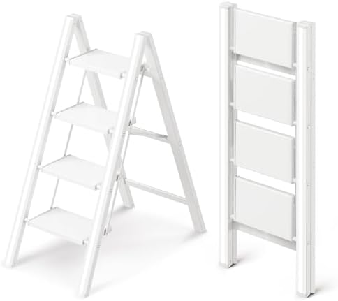 4 Step Ladder, Foldable Aluminum Step Stool with Anti-Slip Pedal by GameGem