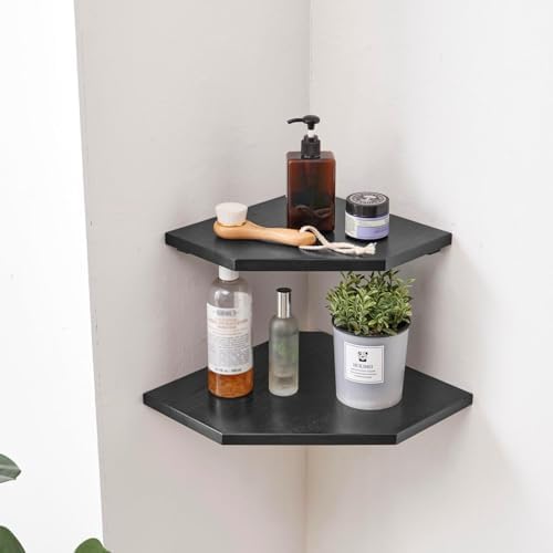 Corner Wall Shelves Set 2 Solid Oak Wood with Wire Hole Wall Mount,Black - Image 5