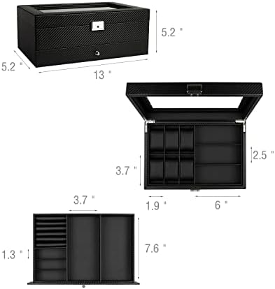 GUKA Watch box, 6 Slot Watch Case, 3 Slot Sunglass Organizer, Watch Cases for men with Real Glass Lid, Watch Organizer storage with Jewelry Case, Birthday for Men and Women, Black - Image 6