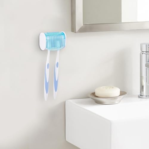 1 Pack Toothbrush Holder Wall Mounted with Cover for Bathroom, 2 Slots Toothbrush Storage Organizer for Shower, Self Adhesive Toothbrush Hanger (Blue) - Image 3