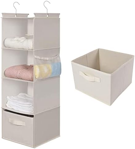 MAX Houser 4-Shelf Hanging Closet Organizer, Space Saver, Cloth Hanging Shelves with 2 Side Pockets, Foldable (Beige) by MAXHouser