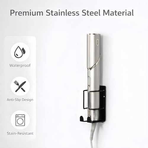 Curling Iron Holder, Hair Straightener Holder for Bathroom Storage, Flat Iron Holder Wall Mount Space Saving Hair Tool Organizer, Stainless Steel Flat Iron Holder Wall Mount, Black BANJEKT - Image 3