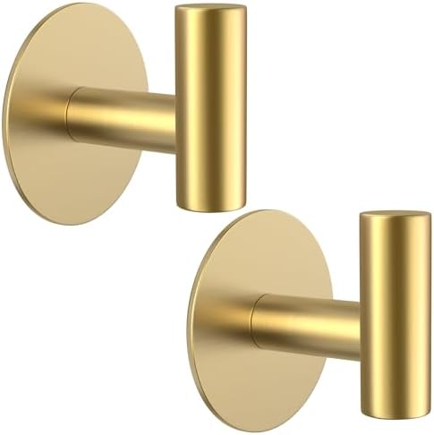 Gold Stainless Steel Wall Hooks, Heavy Duty Self-Adhesive Hooks for Coats, Towels, Robes, Hats, Aprons – No Drill Bathroom, Kitchen, Hotel (2 Pack) by VINHOLD