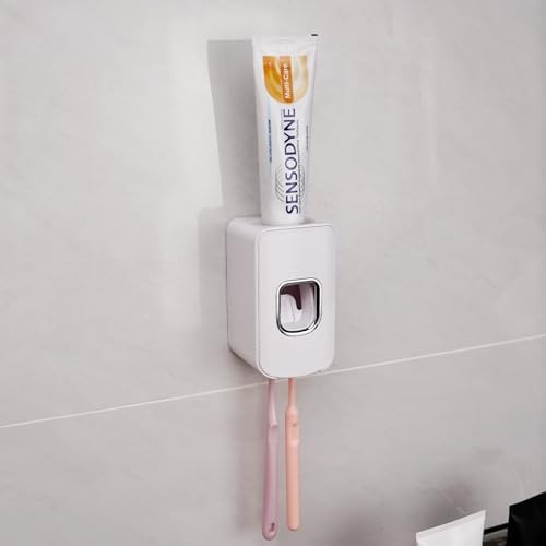 2 Slot Toothbrush Holder and Toothpaste Dispenser Wall Mounted, Automatic Toothpaste Squeezer, 2 in 1 Tooth Brush Toothpaste Organizer for Shower (White 2Pack) - Image 2