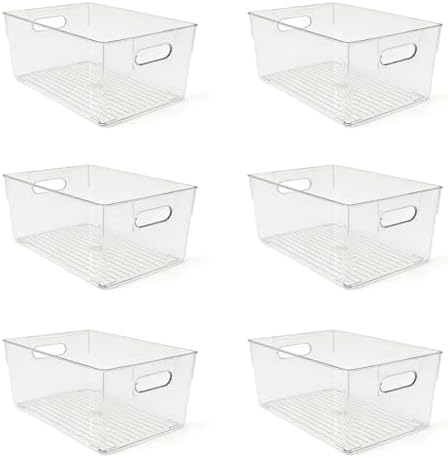 6 Pack Thick Clear Stackable Storage Bins, Cabinet Organizer, Plastiic Containers with Handle for Kitchens, Bathrooms and Fridge and Desktop by JSMNQUIN