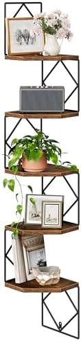 CHOEZON 5-Tier Corner Shelf, Floating Shelf, Wall-Mounted Storage Shelf, Wall Decor, Narrow Corner Bookshelf, for Living Room, Bedroom, Home Office, and Bathroom, Rustic Brown and Black TCJ35BF by Choezon