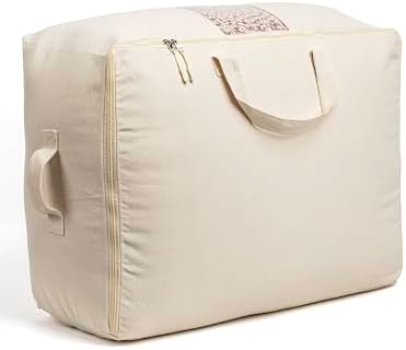 Soft Canvas Storage Bags with Zipper. Thick Breathable, 1pc King/Queen Comforter Organizer. Four Carrying Handles and Window. Large 25x19x9in Bag for Sheets Blankets Bedding Pillows, Clothes by VeraMia