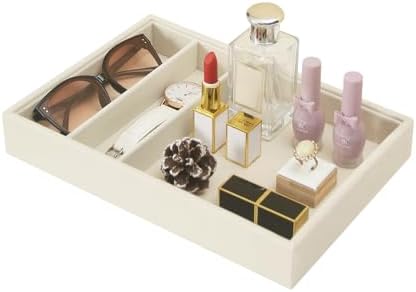 Bedside Organizer - Multi-use Nightstand & Desk-top Catchall Tray for Jewelry, Sunglasses, Phone, Watch, Perfume, Lipstick (Beige 3Grid) - Image 2