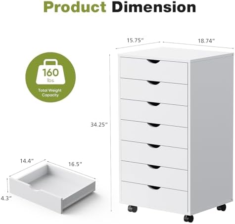 Sweetcrispy 7 Drawer Rolling Storage Cabinet, Wood Under Desk Mobile Dresser with Wheels, Small Organizer Chest for Home Office, Bedroom, Living Room, Compact Vertical Storage Furniture Unit, White - Image 3