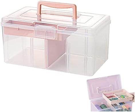 Clear Plastic Office Supply Art & Craft Storage Box, Sewing Box Organiser Large with a Removable Tray & Adjustable Partition, Portable Travel Makeup Case (Clear & pink) by Foreverie