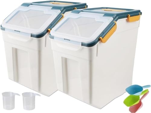 50LB Large Flour Storage Container Bin,2 Pack Airtight Plastic with Wheels Seal Locking Lid Dispenser Organizer Bin with Measuring Cup & Scoop for Flour, Rice, Grain 100LBS Total Capacity(Blue) by YXQ