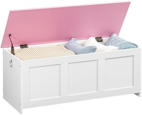 HOOBRO Storage Bench, 39.3" Retro Wooden Storage Chest, Wooden Storage Trunk, Toy Chest with Lift Top, Multifunctional Entryway Organizer, for Entryway, Living Room, White and Pink WK141CW01G1 - Image 6