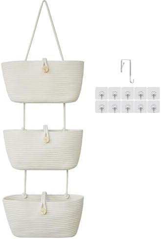 TeoKJ Over the Door Hanging Baskets with Wooden Button, 3-Tier Wall-Mounted Decorative Nursery Kitchen Baskets, White by TeoKJ