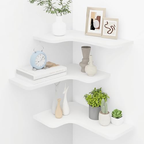 Homode Corner Floating Shelves, Set of 3 Corner Wall Shelves with Wire Hole, L-Shaped Wood Hanging Storage Shelf for Wall Decor, for Bathroom Kitchen Bedroom, White by Homode
