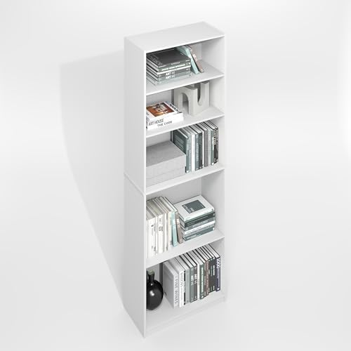 Furinno Jaya Simply Book Shelf, 5-Tier Bookshelf, Bookcase with Adjustable Shelves, 9.5 x 24.5 x 71.2, for Living Room, Bedroom, Home Office, Plain White by Furinno-FitsYourSpaceFitsYourBudget