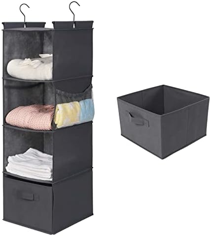 MAX Houser 4-Shelf Hanging Closet Organizer, Space Saver, Cloth Hanging Shelves with 2 Side Pockets, Foldable (Grey) by MAXHouser