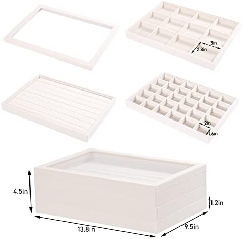 Coward Stackable Jewelry Trays Organizer Set with Clear Lid, Trays for Drawer, Earring Necklace Bracelet Ring Display Organizer (beige(ring+12girds+30girds+The glass lid)) - Image 2