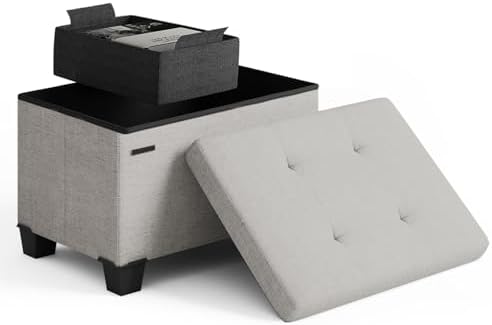 Storage Ottoman Cube with Small Bin, 16-in Square Ottoman with Storage for Living Room and Bedroom, Small Ottomans Foot Rest, Fabric Foot Stools Ottomans Max 330lbs, Light Grey by STORAGEBUD