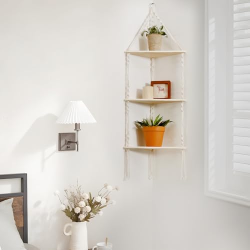 Artilady Corner Shelves Macrame Wall Hanging, 3 Tier Boho Storage - Image 4