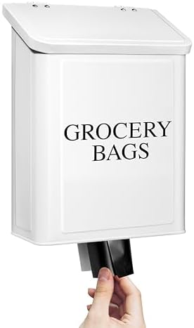 Calindiana Modern Farmhouse Metal Magnetic Grocery Bags Holder for Plastic Bags with LId and Kitchen Organizer and Storage Wall Mount Grocery Bag Dispenser Space Saving, White by Calindiana