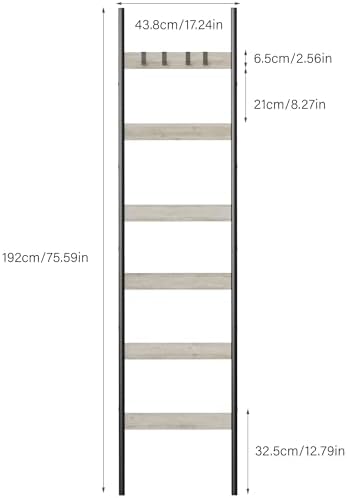 Blanket Ladder, 6-Tier Towel Holder with 4 Removable Hooks, Farmhouse Wall Leaning Decorative Rack Shelf, Wooden Towel Display Rack, Quilt Ladder for Living Room, Bedroom, Greige - Image 3