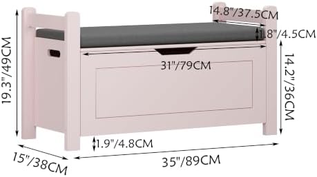 Storage Chest, Storage Bench with Cushion Seat, Toy Chest, Wooden Toy Box with 2 Safety Hinges, Shoe Bench, for Entryway, Living Room, Bedroom, Pink - Image 2