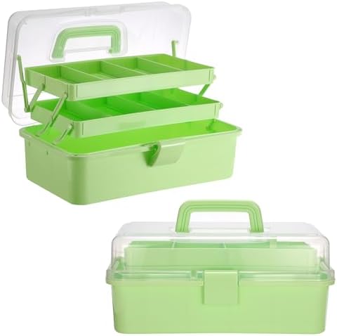 BTSKY 3-Layer Foldable Craft Organizer, Portable Tackle Box with Handle & Adjustable Dividers, Multi-Purpose Toolbox for Art Supplies, Sewing, Medicine, 12.2x6.7x5.7 Inch, Light Green by BTSKY