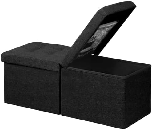 AmasSmile Footrest Ottoman Storage Bench, 34" Linen Folding Chest, Black by AmasSmile