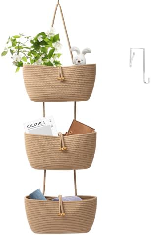 TeoKJ 3-Tier Cotton Rope Baskets with Button Strap Over the Door Wall Hanging Baskets for Nursery, Living Room, Bathroom, Door Storage Organizer for Decoration-Jute by TeoKJ