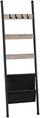 HOOBRO Blanket Ladder, 5 Tier Towel Rack, 17.3" L x 63" H, Wall-Leaning Blanket Rack for Living Room, Decorative Ladder with 4 Hooks and Magazine Pocket, Greige BG32CJ01 by HOOBRO