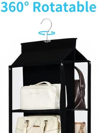 8 Grids in 1 Rotatable Hanging Purse Handbag Organizer with Double Zippers, Visible Purse Organizer for Closet, Fully Enclosed Handbag Storage Holder-Black - Image 4