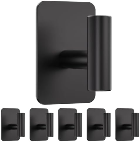 6 Pack Heavy Duty Adhesive Hooks - 26lb Max, Sticky Wall Hooks Waterproof Stainless Steel for Hanging Towel, Coat, Robe, Towel Hooks Stick on Bathroom, Kitchen, Shower, Door - Black by Eowihor