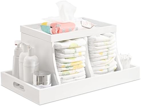 Diaper Caddy Organizer, Changing Table Organizer, Wooden Diaper Organizer for Nursery, Baby Diaper Storage Organizer with Removable Dividers (White, Rectangular Size) by EnjoyYourLife