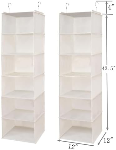 BrilliantJo 6 Shelves Hanging Closet Organizer, 2 Pack Hanging Storage with 4 Side Pockets for Clothes Shoes, 43.5"x12"x12"(Beige) - Image 3