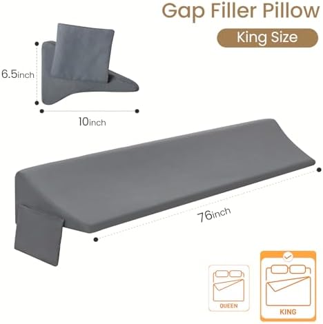 Vekkia King Bed Wedge Pillow for Headboard Gap Filler (0–5.5"), Prevents Pillows & Items from Falling, High-Density Foam Mattress Gap Filler with Pockets, Removable Cover, Gray, 76"x10"x6.5" - Image 2