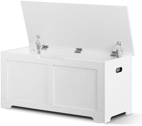 SUPER DEAL Storage Chest, 39 inches Chest Box Organizer with 2 Safety Hinges, Wooden Entryway Shoe Organizer Storage Bench, White by Superdeal