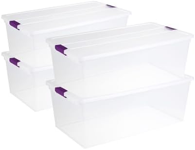 Sterilite 110 Qt ClearView Latch Storage Box, Stackable Bin with Latching Lid, Plastic Container Organize Clothes in Closet, Clear Base, Lid, (Pack of 4) by Sterilite