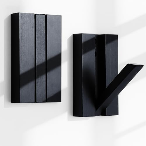 Wood Wall Hooks for Entryway: 2Pack Folding Black Modern Coat Hooks by KYIAANY