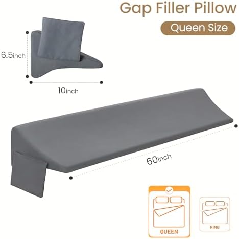 Vekkia Queen Bed Wedge Pillow for Headboard Gap Filler (0–5.5"), Prevents Pillows & Items from Falling, High-Density Foam Mattress Gap Filler with Pockets, Removable Cover, Gray, 60"x10"x6.5" - Image 2