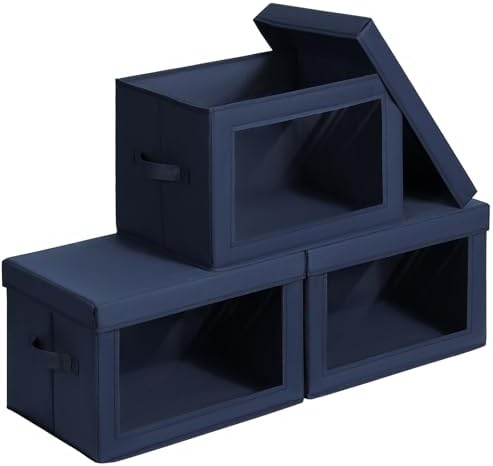 Homsorout Stackable Storage Bins with Lids - Large Storage Box with Lids, Foldable Closet Boxes for Organizing, Wardrobe Clothes Organizer with Window, Cubes Bins for Living Room, 3 Pack, Navy Blue by Homsorout