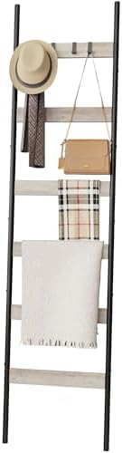 Blanket Ladder, 6-Tier Towel Holder with 4 Removable Hooks, Farmhouse Wall Leaning Decorative Rack Shelf, Wooden Towel Display Rack, Quilt Ladder for Living Room, Bedroom, Greige by VANTIMO