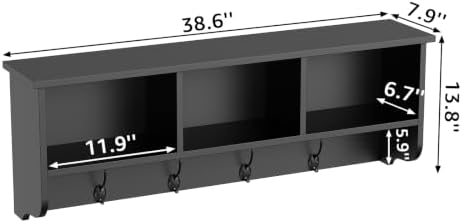 38.6inch Wall Mounted Entryway Coat Rack with Storage Shelf 4 Dual Hooks Wooden Storage Living Room Wall Cabinet with 3 Cubbies Space Saving Hanging Shelf for Hats Bags Coats (Espresso) - Image 2
