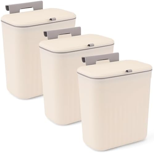 3 Pack Hanging Trash Can with Lid, Kitchen Compost Bin for Counter Top or Under Sink, Plastic Waste Basket Wall Mounted Garbage Can for Cupboard/Bathroom/Bedroom/Office/Camping (Cream) by Wensdr