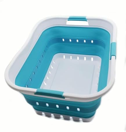 SAMMART 42L Collapsible Plastic Laundry Basket - Foldable Pop Up Storage Container/Organizer - Space Saving Hamper/Basket (1, White/Bright Blue) by SAMMART