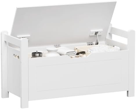 Storage Chest, Storage Bench with Cushion Seat, Toy Chest, Wooden Toy Box with 2 Safety Hinges, Shoe Bench, for Entryway, Living Room, Bedroom, White - Image 7