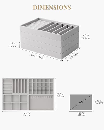 Lolalet Jewelry Drawer Organizer Inserts, Stackable Velvet Tray Jewelry Storage Organizers Set Display Cases for Necklaces Bracelets Earrings Rings Chains Bangles Watches, Grey, Set of 4 - Image 4