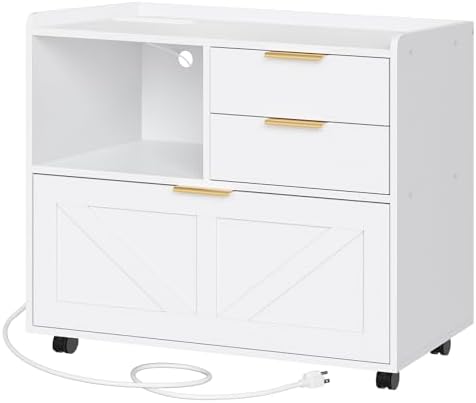 HOOBRO Lateral File Cabinet, Wooden Office Storage Drawers with Charging Station, Filing Cabinet for Home Office, A4/Letter/Legal-Sized Files, Printer Stand with Open Storage Spaces, White WT37UWJ01 by HOOBRO