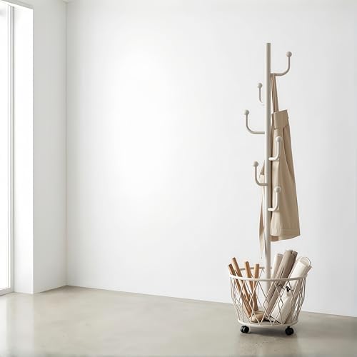 Off-White Moveable Cactus Metal Coat Rack with Basket Freestanding - Image 2