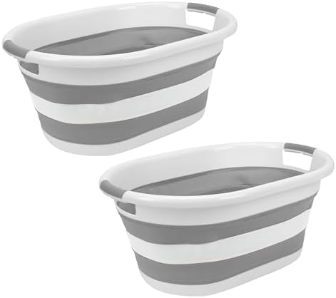 Laundry 360 2pk Collapsible Laundry Basket | Portable | Space Saver Storage | Hold 2 Loads | Store Under the Bed or Closet | Good for Kids | Dorm | Bedroom | Large | White/Grey by Simplify