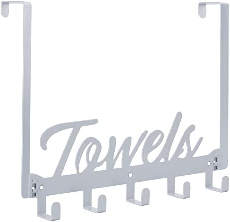 Azmoncy Over The Door Hooks, Towel Rack for Bathroom & Bedroom, Heavy Duty Over Door Towel Hanger with 5 Coat Hooks, Silver by Azmoncy